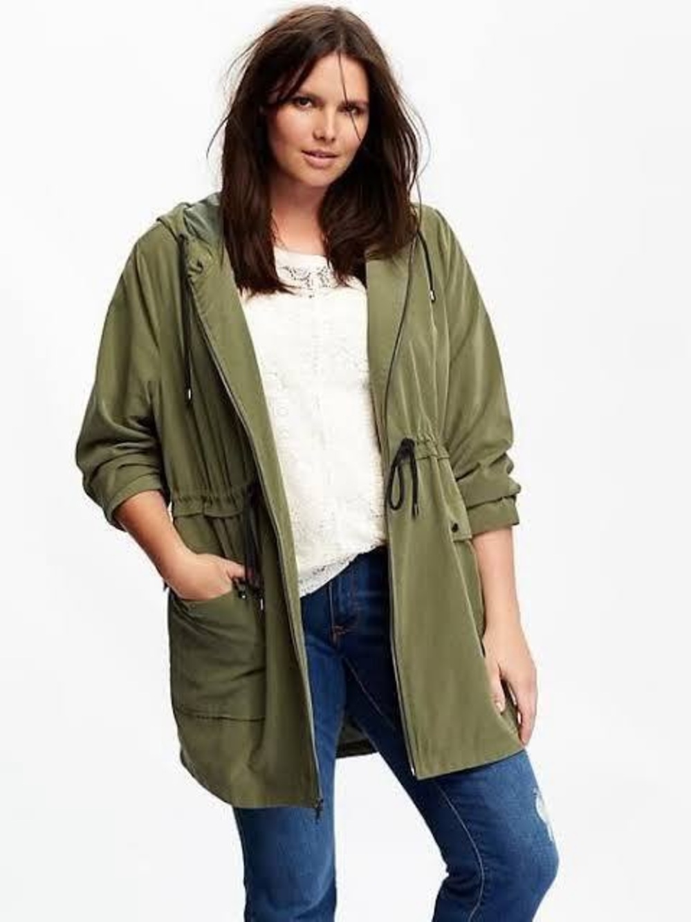 women's lightweight olive green drawstring utility jacket Hooded Anorak